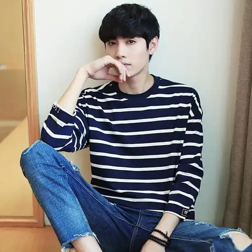 韩尚2017秋冬新品男士条纹t恤男学生七分袖韩版潮流青少年体恤男衫