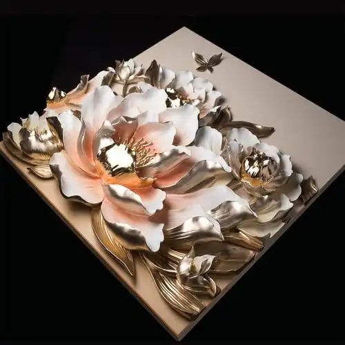 大气立体浮雕壁画富贵牡丹沙发背景墙挂画客厅装饰画