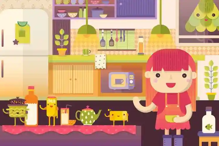 厨房场景可爱人物矢量图素材kitchenscenewithcutefoodcharacters