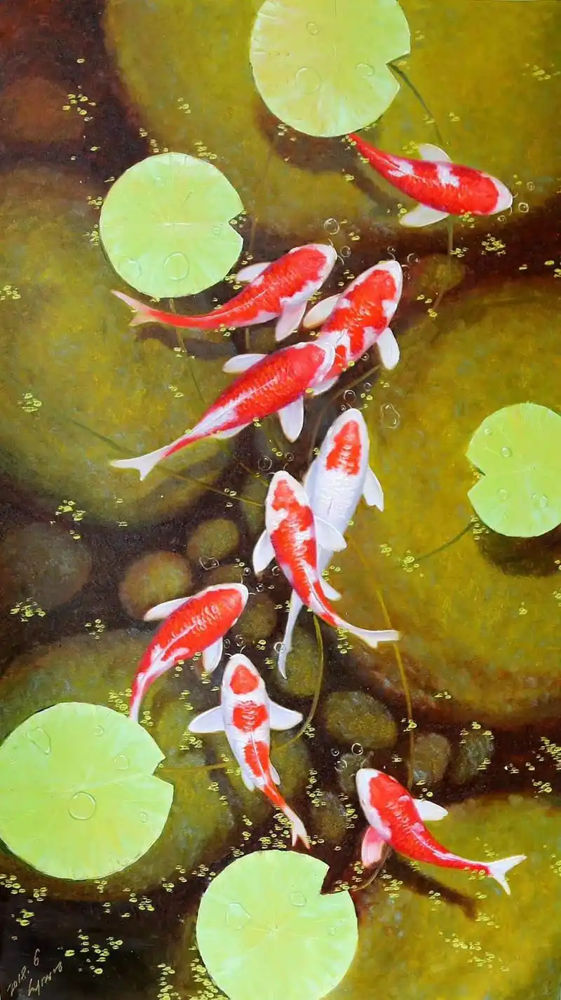 油画:画了9条锦鲤,每条600多,你来鉴定看看值不值