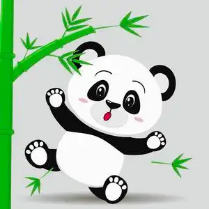 熊猫从竹子落下, 在卡通的风格照片