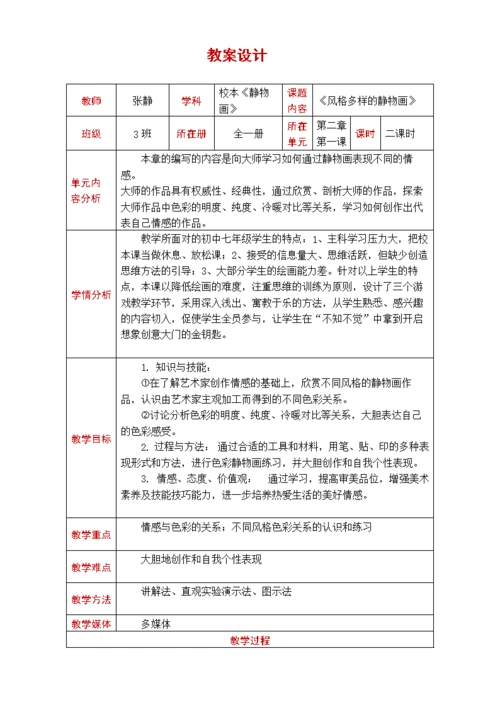 教案模板《多样风格的静物画》教学设计.doc