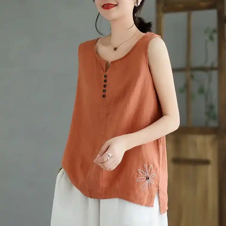 复古棉麻上衣女士背心夏季薄款宽松纯色吊无.