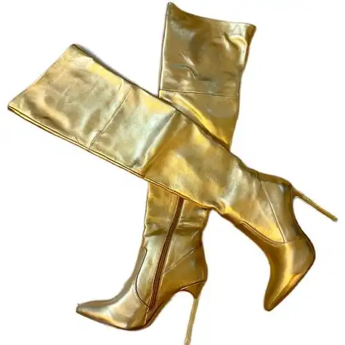 欧美风金色羊皮性感长靴台秀细跟尖头女靴ins时装靴