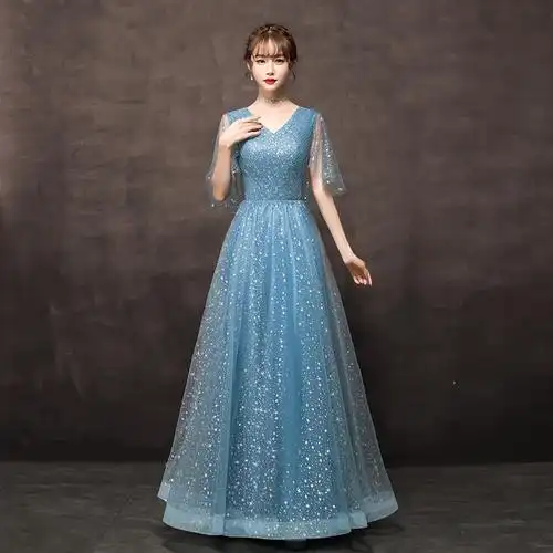 大合唱演出服装女长裙新款成人现代主持人连衣裙中老年表演礼服裙