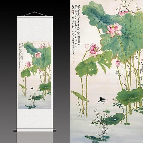 粉荷燕子花鸟画荷花图双喜图招财风水画结婚礼物丝绸画卷轴画