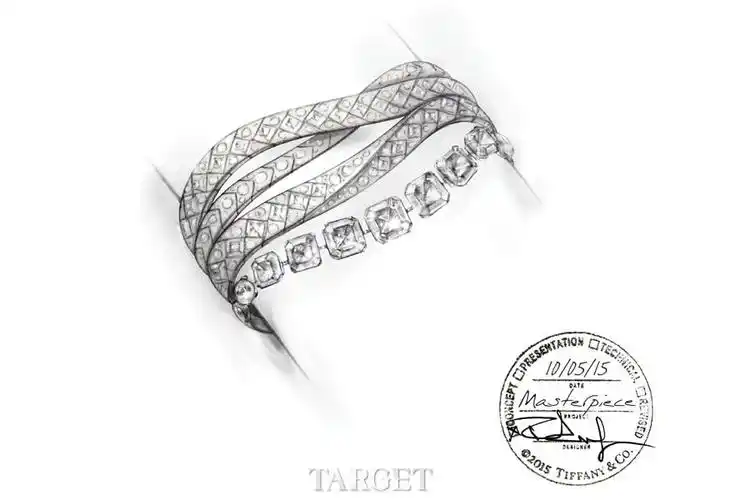 钻石手镯设计手稿,来自蒂芙尼2016 masterpieces高级珠宝缎带系列.