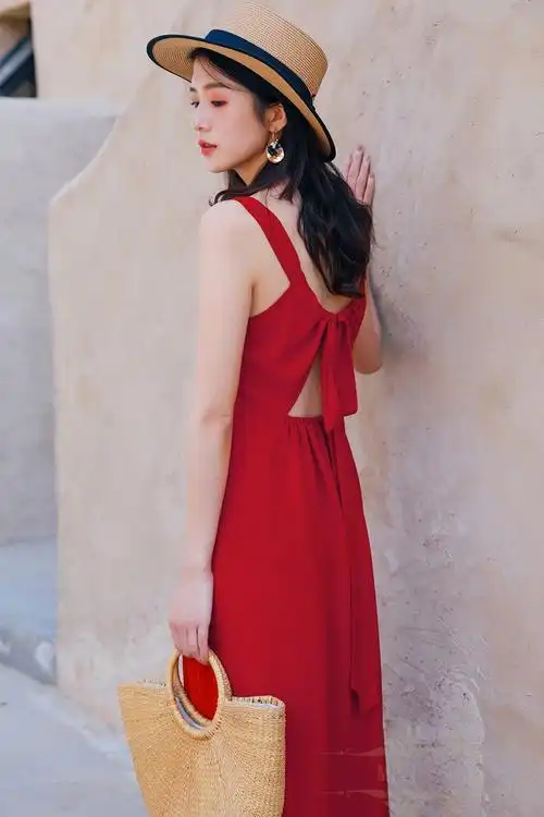 menang品牌红色连衣裙2022夏季新款雪纺吊带裙修身显瘦长裙超仙度假