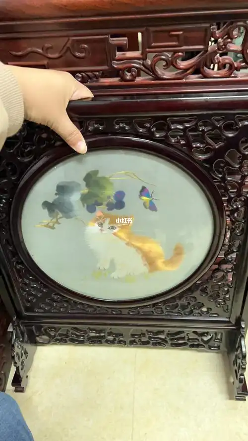 苏绣实木双面绣台屏猫咪老古董咯
