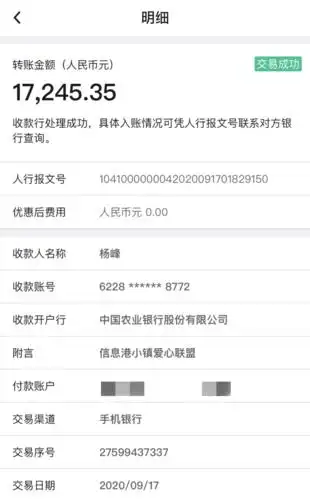 小镇爱心联盟向从江县下江镇公纳村村民杨峰转账17245.