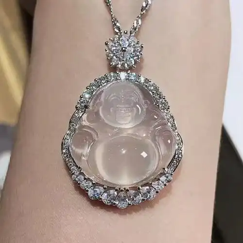 镀银镶嵌冰种马料白玉髓佛公吊坠玛瑙女款玉石弥勒佛项链直播货源