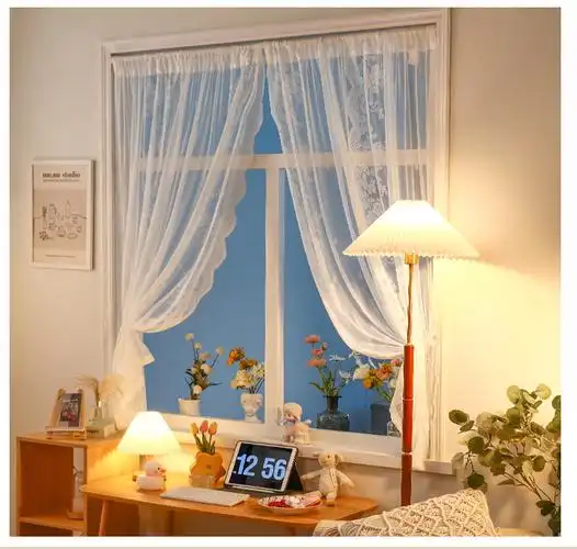 不透光窗户纱帘法式蕾丝小窗户短款窗帘布卧室少女ins风 透光不透人