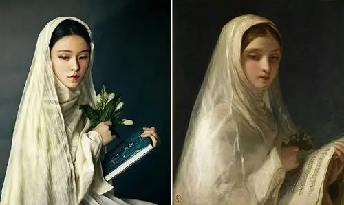 女孩模仿世界名画造型似穿越