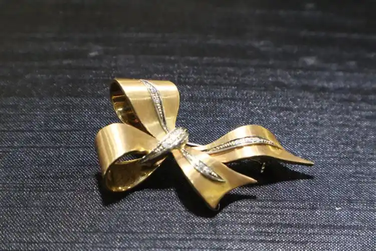 缎带蝴蝶结18k黄金镶嵌钻石胸针西洋古董珠