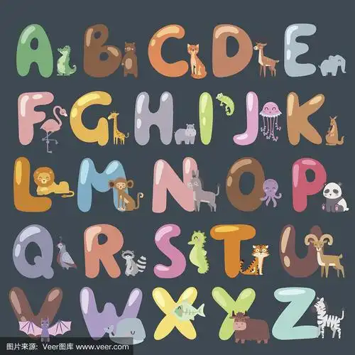 可爱的动物园字母表与卡通动物孤立和有趣的字母野生动物学习排版可爱
