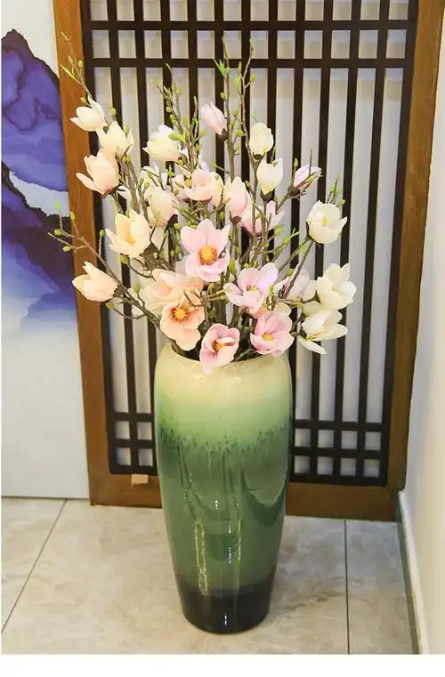 落地大客厅装饰摆件陶瓷花插花艺仿真假花青色烟雨7030花瓶