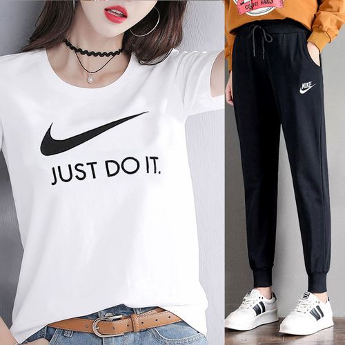 nike耐克女装运动服套装2021夏季新品透气短袖跑步休闲裤长裤