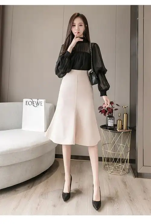 恒源祥女装商场同款黑色中长款半身裙2021春季新款高腰a字裙百搭气质