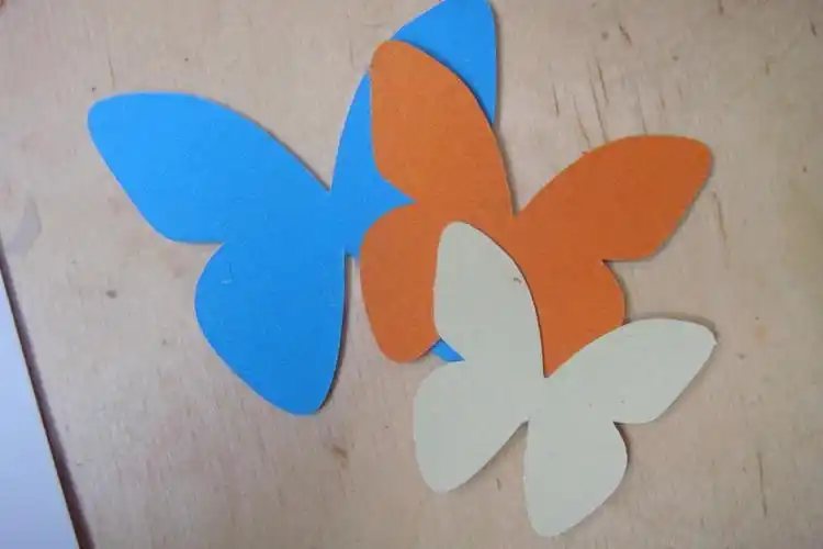 二,用各种颜色的卡纸剪出大小不一的蝴蝶形状(或者自己想要的图形)