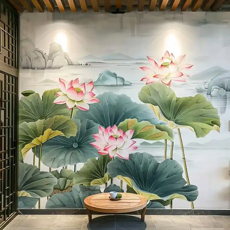 北京墙体手绘/荷花墙绘壁画.🎨 画家以精湛的技艺,将荷叶与 - 抖音