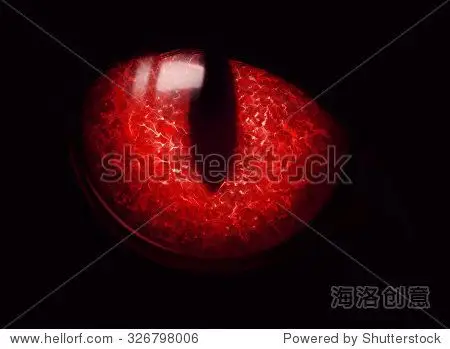 a black cat red eye glowing in the dark.