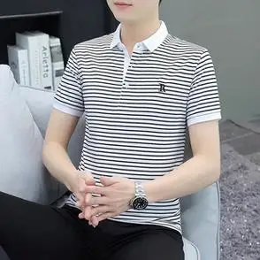 t恤条纹男装潮流男士体恤衫短袖夏季翻领半袖纯棉polo衫刺绣上衣t