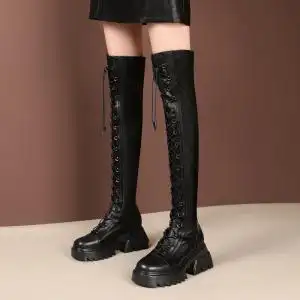 高筒靴女过膝平底绑带