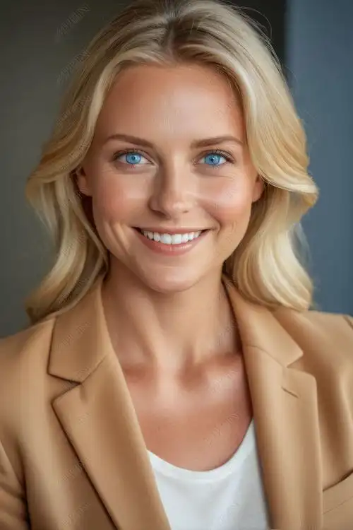 原创金发女郎蓝眼睛棕褐色西装外套微笑高清图片版权可商用