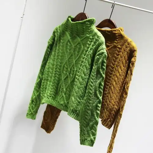 秋冬韩版复古套头宽松长袖半高领短款粗棒针麻花毛衣女