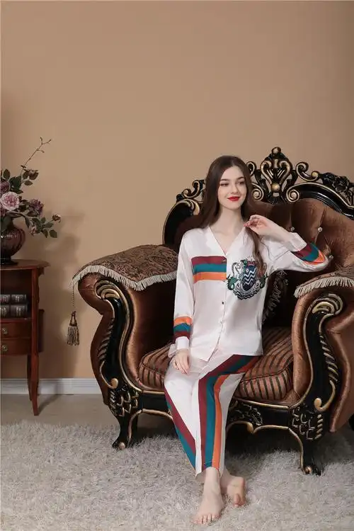 法国品牌kj高档真丝睡衣女桑蚕丝睡衣冰丝睡衣春夏秋仿真丝绸长袖开衫