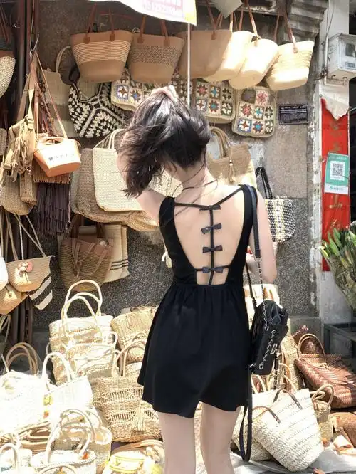 实拍实价撩心后背杀 性感纯欲露背蝴蝶结连衣裙收腰无袖黑色短… - 17