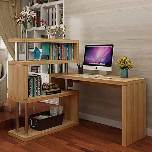 旋转电脑桌台式家用转角书桌带书柜书架组合学生办公桌简约写字台