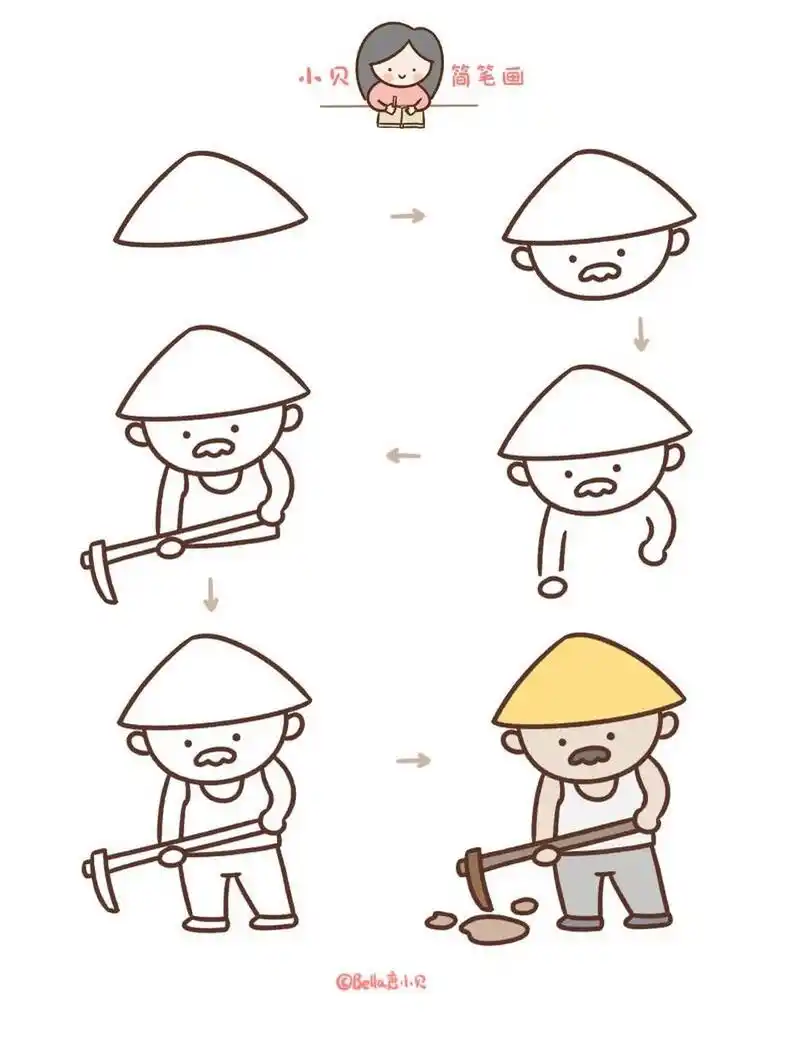 小贝简笔画-农民 锄禾日当午 汗滴禾下土 谁知盘中餐 粒粒皆辛苦