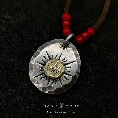 unend银匠阿豪新款手工银饼吊坠印第安机车太阳纹挂坠