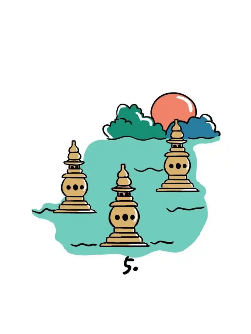 地标建筑简笔画29 三潭印月,是浙江杭州西湖十景之一,被誉为"西湖档