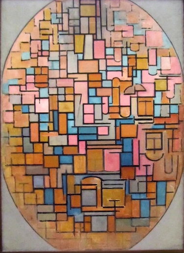 画中,蒙德里安将整体的绘画空间,用形状来运用在全部的空间,树干与