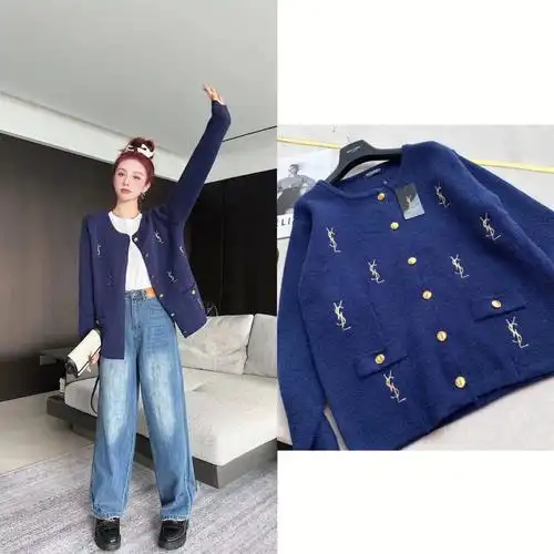 ootd爱了78初秋金线刺绣深蓝针织开衫毛衣