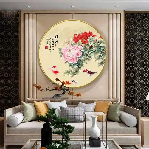 牡丹花玄关入户装饰画客厅茶室背景墙壁画花开富贵圆形挂画新中式