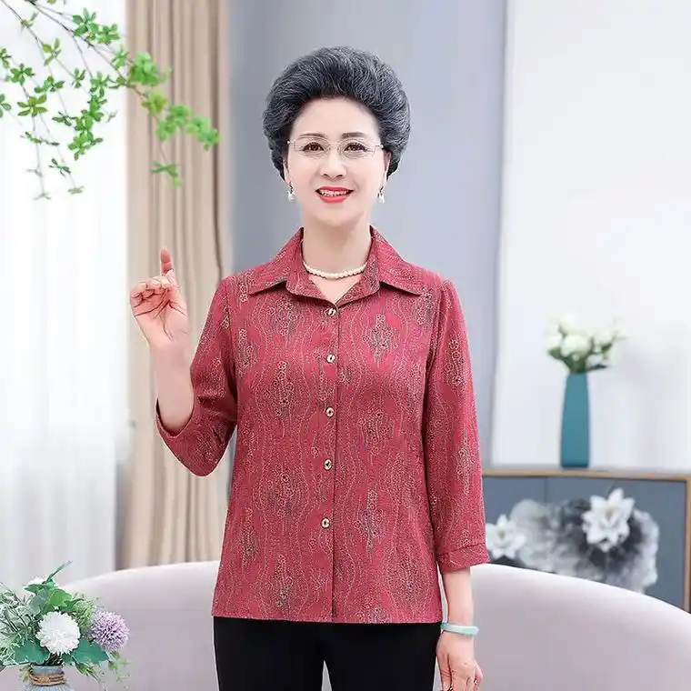 中老年衬衣女士妈妈装七分袖印花衬衫夏装奶奶打底衫宽松大码上衣