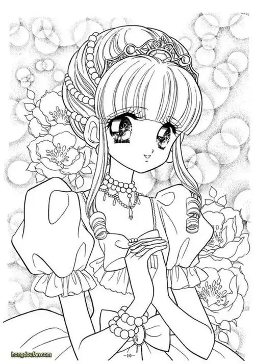 穿着樱花和服的漫画女生涂色填色图片大全