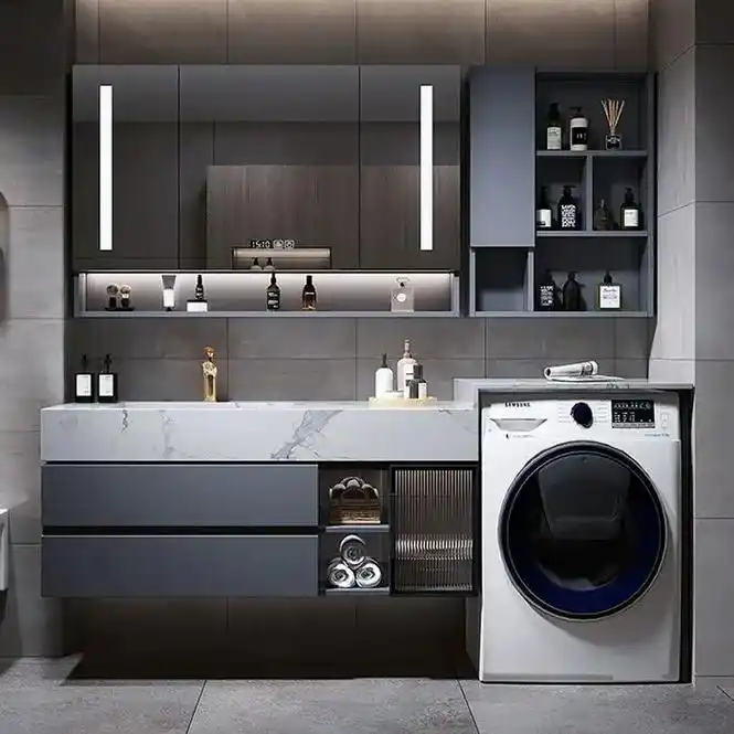 阳台高低洗衣机柜组合岩板浴室柜轻奢洗脸盆卫生间智能洗漱台定制