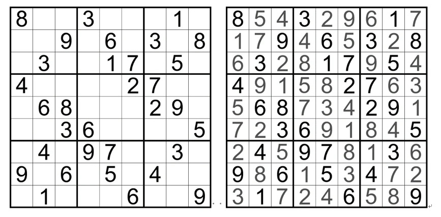 标准数独:在空格内填入数字1-9,使得每行,每列和每个宫内数字均不重复