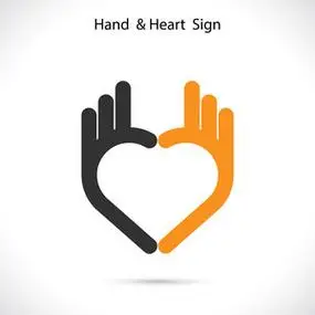 心好疼创造性的手和心形状抽象标志设计.手好象征照片