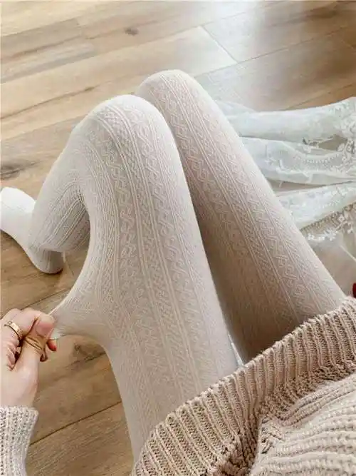 日系奶白色连裤袜女秋冬季加绒麻花针织白丝袜jk加厚款保暖打底裤
