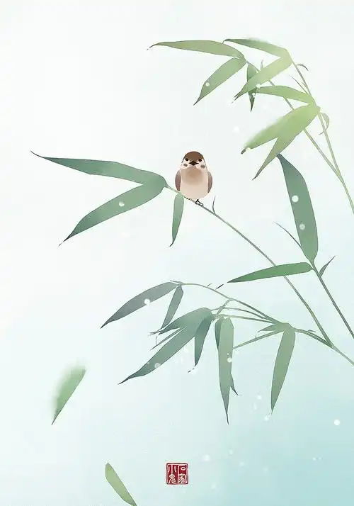 古风水彩插画竹子麻雀