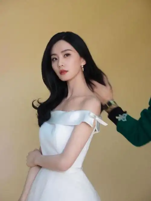 刘诗诗穿一字肩白裙长发披肩微微露笑气质温婉迷人
