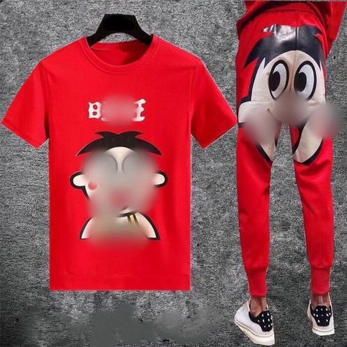 天颛旺仔t恤牛奶短袖衣服套装男精神小伙旺仔紧身衣一套上衣全套红色t