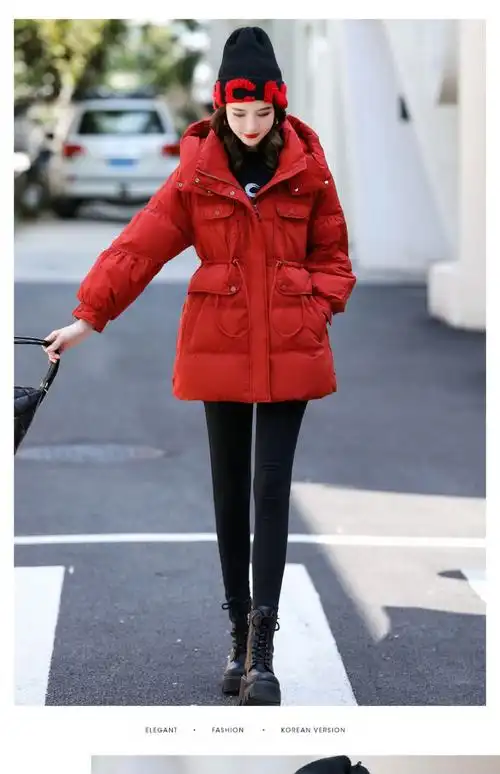 红色羽绒服女冬季2024新款小个子短款高端洋气收腰加厚白鸭绒外