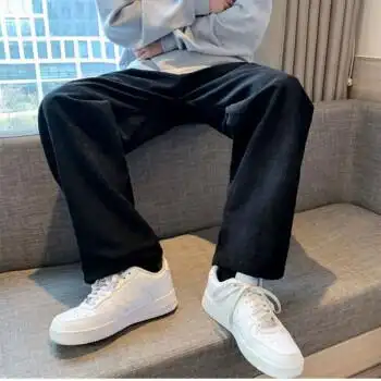 裤子男加绒春秋潮流宽松韩版帅气ins港风直筒阔腿拖地长裤黑色常规款s