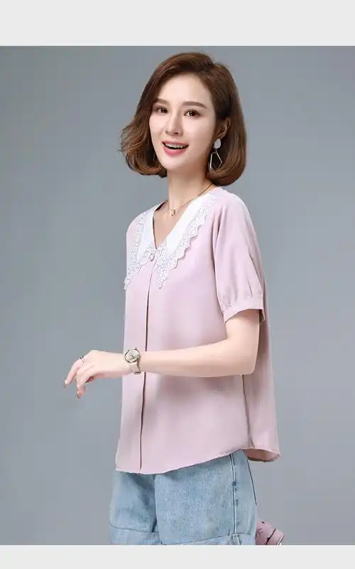 2021夏装新款夏季女装时尚百搭韩版休闲女士宽松v领短袖蕾丝t恤女夏天